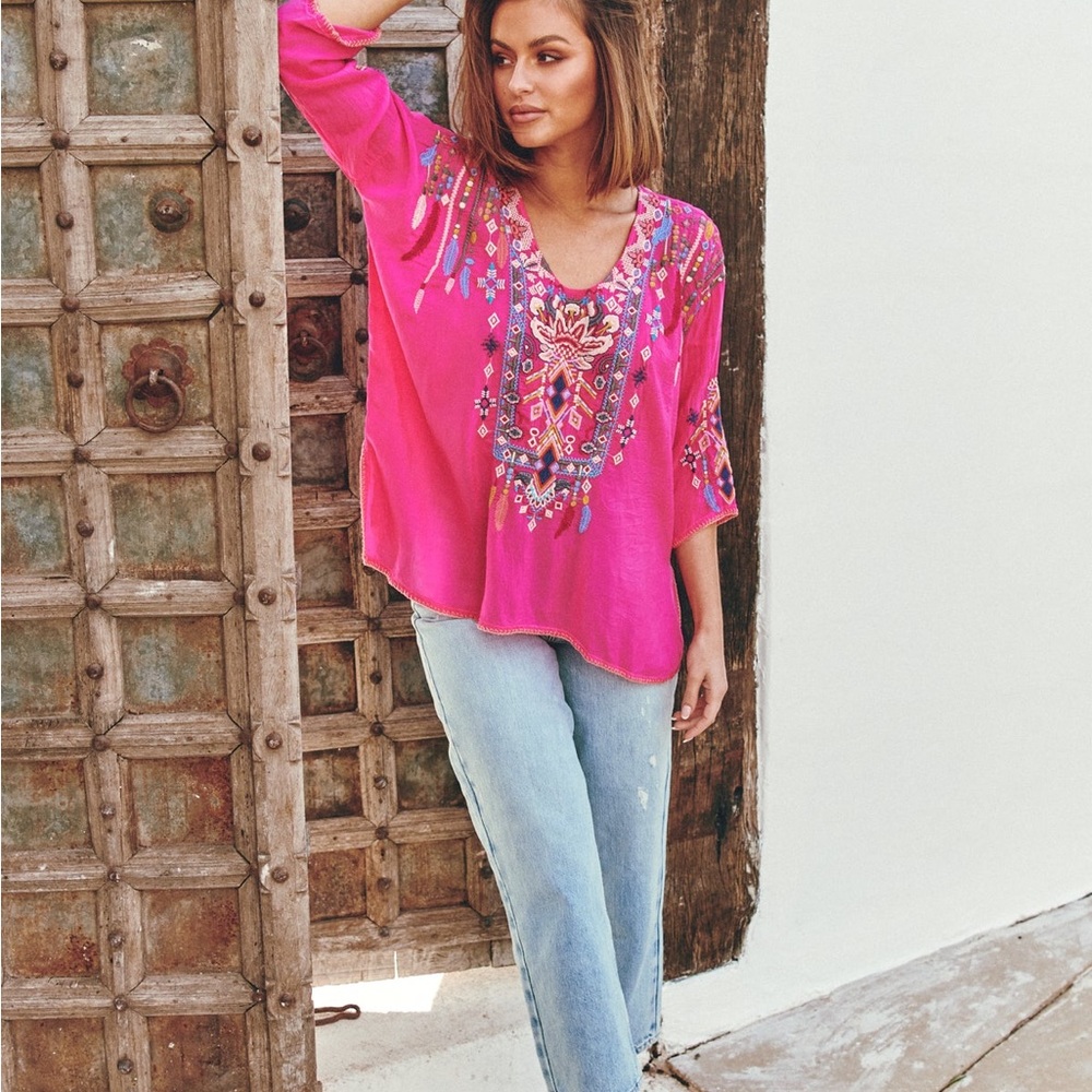Johnny Was Fuchsia Embroidered Blouse